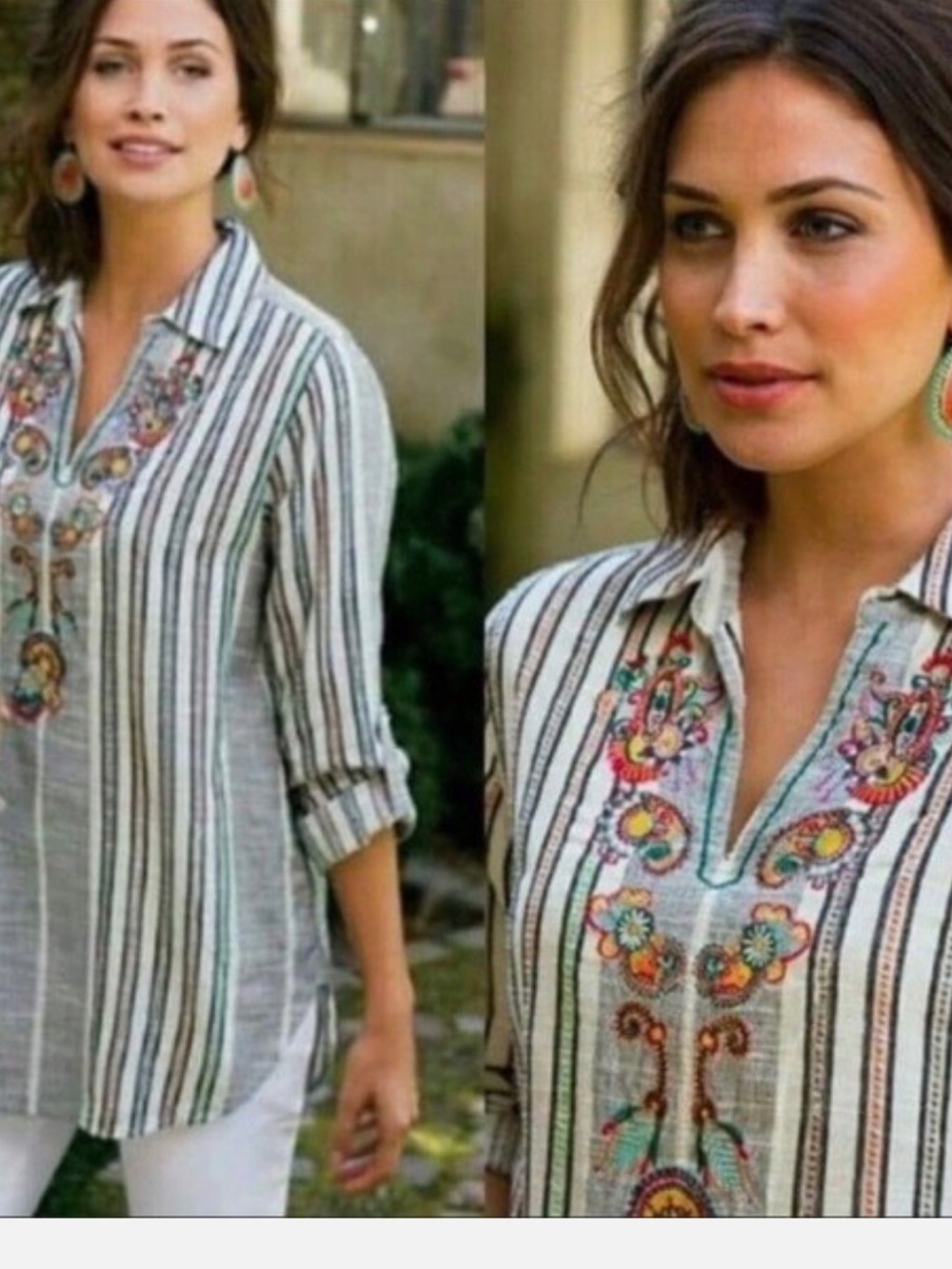 Soft Surroundings Aruba Embroidery Striped Tunic Bohemian Cotton